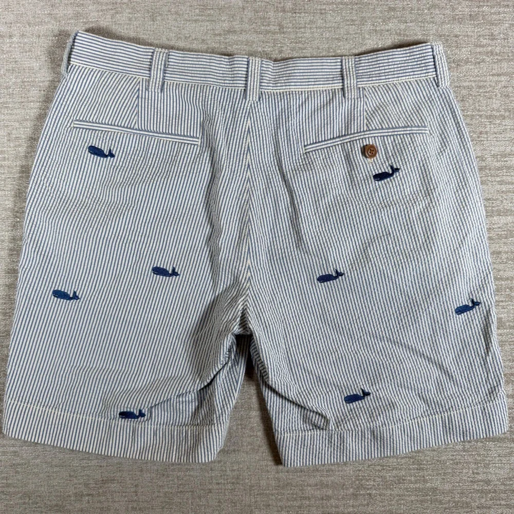 J. Crew‎ Gramercy Shorts Mens 33/8 Blue White Whale Embroidered Seersucker